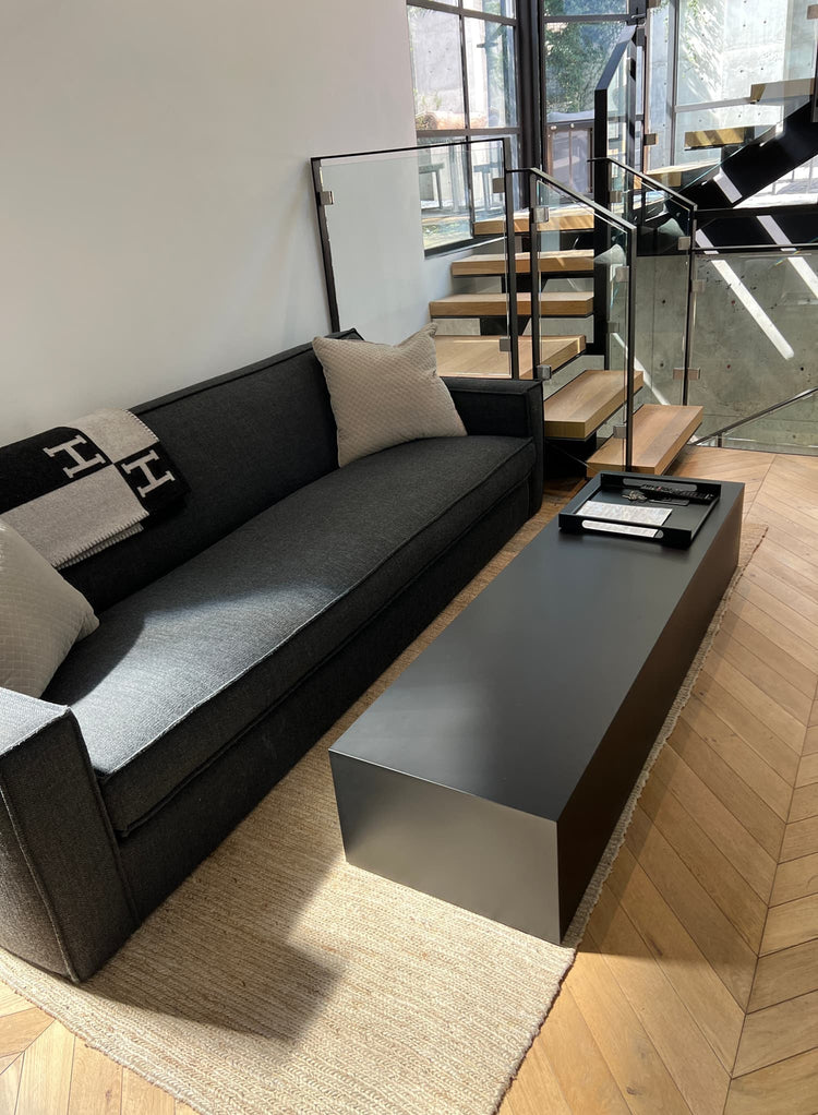 Modern black sofa with a coffee table in a stylish living room.